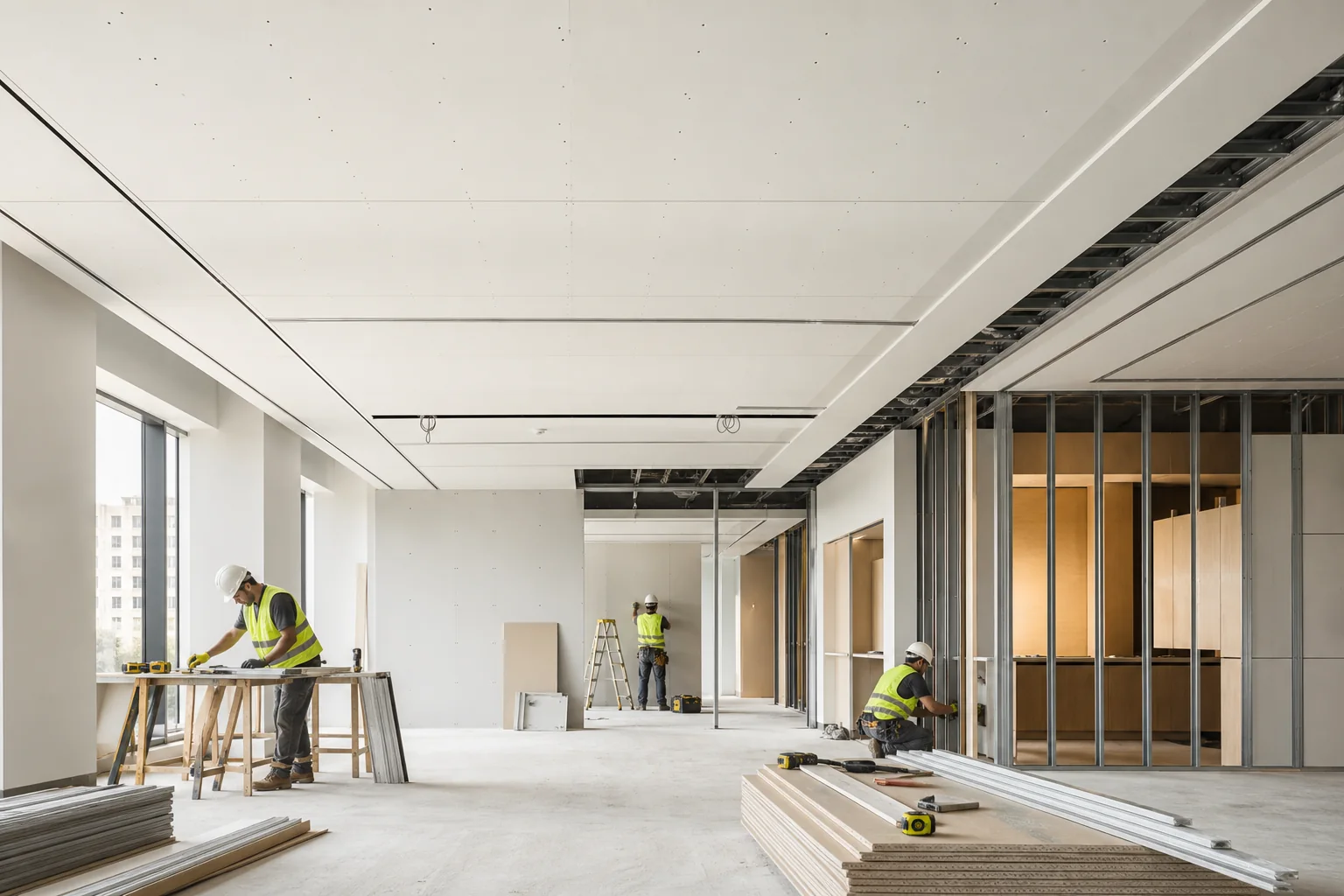 Commercial construction fit-out with ceiling panels, partitions, tools, and workers on site